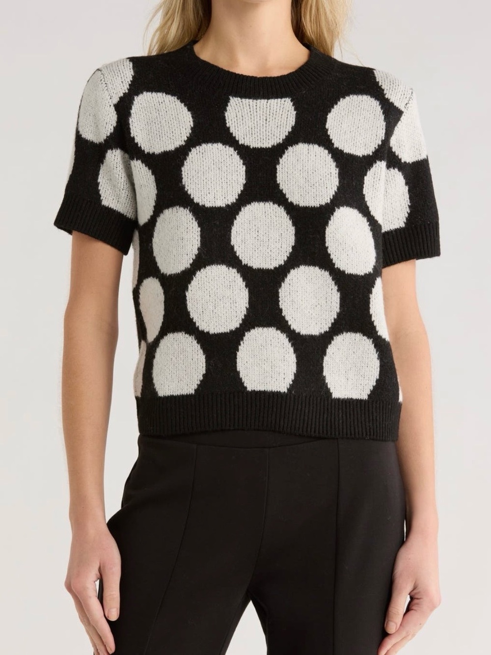 JASON WU Black/Ivory Fuzzy Polka Dot Knit Short Sleeve Sweater